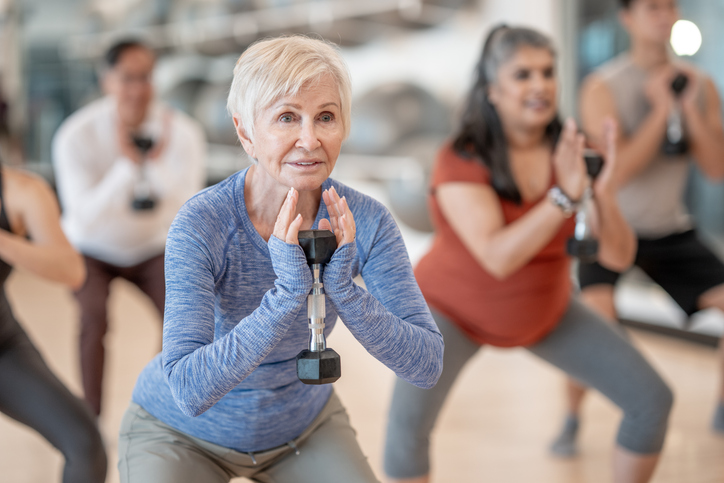 Group Fitness Class with Seniors Focusing on Strength and Balance